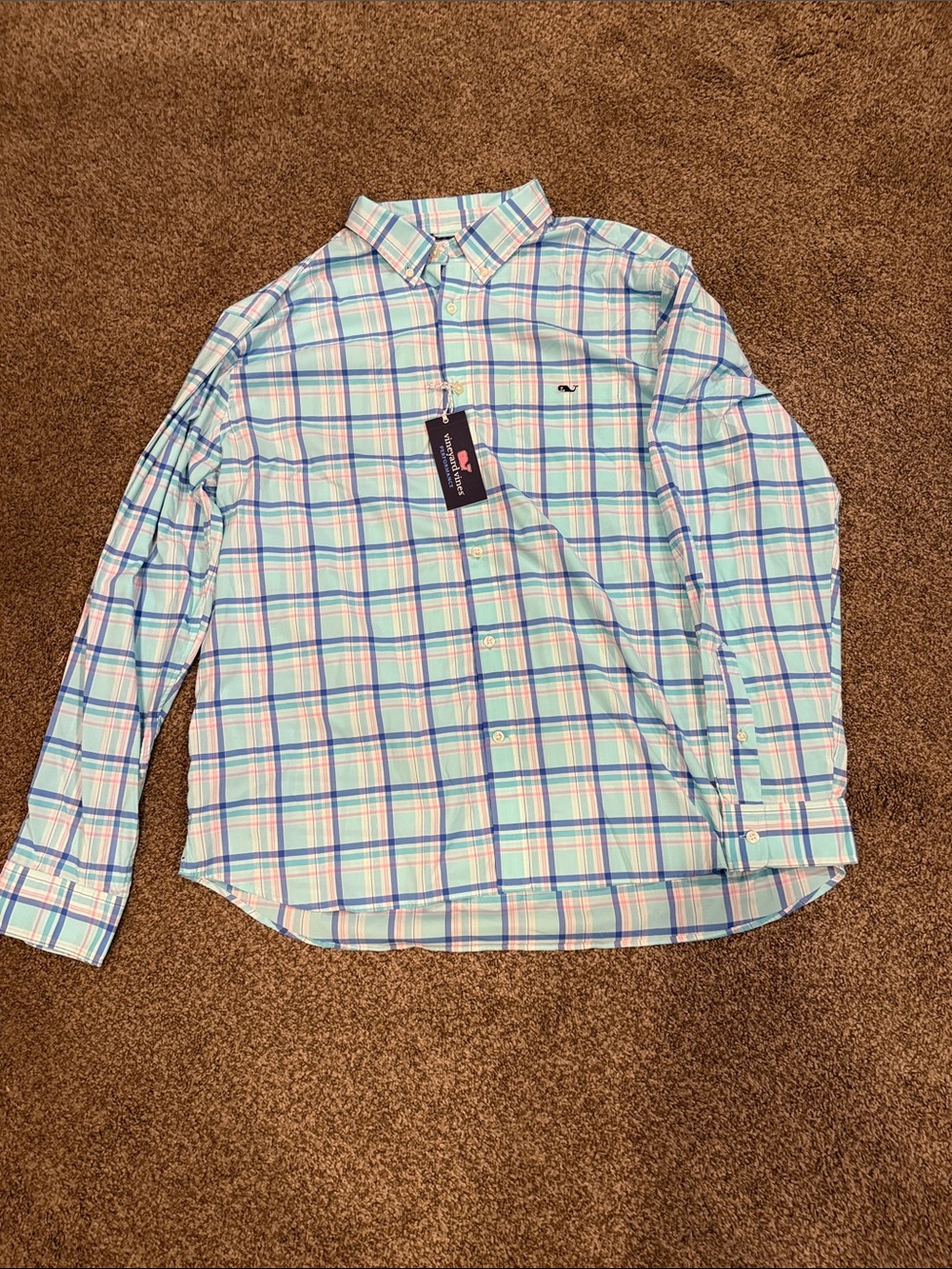 Vineyard Vines Men’s Light Blue and Pink Plaid-performance material